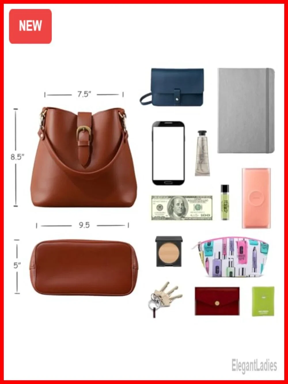 Vegan Leather Bucket Bag with Removable Pouch and Adjustable Strap